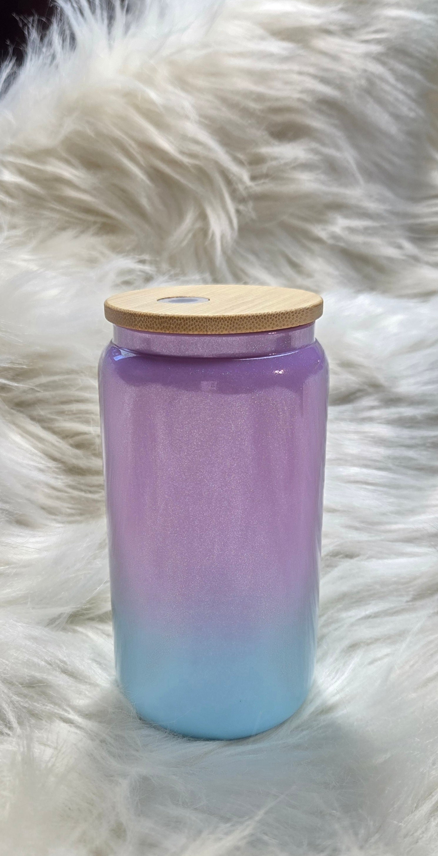 Sublimation 16oz ombre purple to blue glass cup with bamboo lid